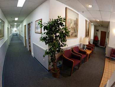 Well-lit hallway with many offices